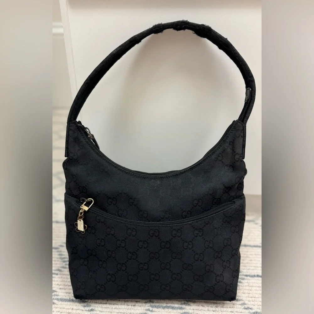 GUCCI Vintage Y2K Classic Black GG Monogram Canvas Leather Hobo Shoulder Bag - Picture 16 of 16
